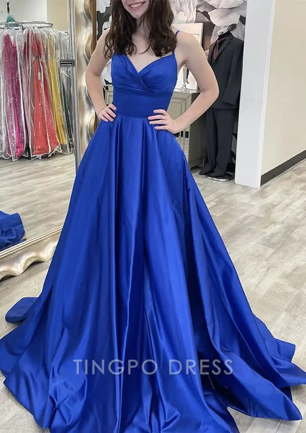 TingPo Wholesale Elegant A-line V Neck Sleeveless Court Train Satin Prom Dress With Bowknot Pleated Waistband